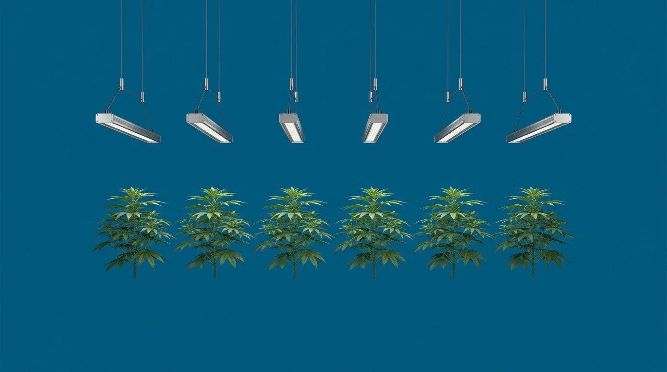 Gleichmäßige Reihe junger Pflanzen unter LED-Leuchten