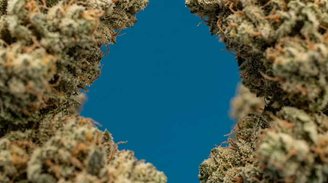 Blick zwischen Cannabisblüten hindurch auf blauen Hintergrund