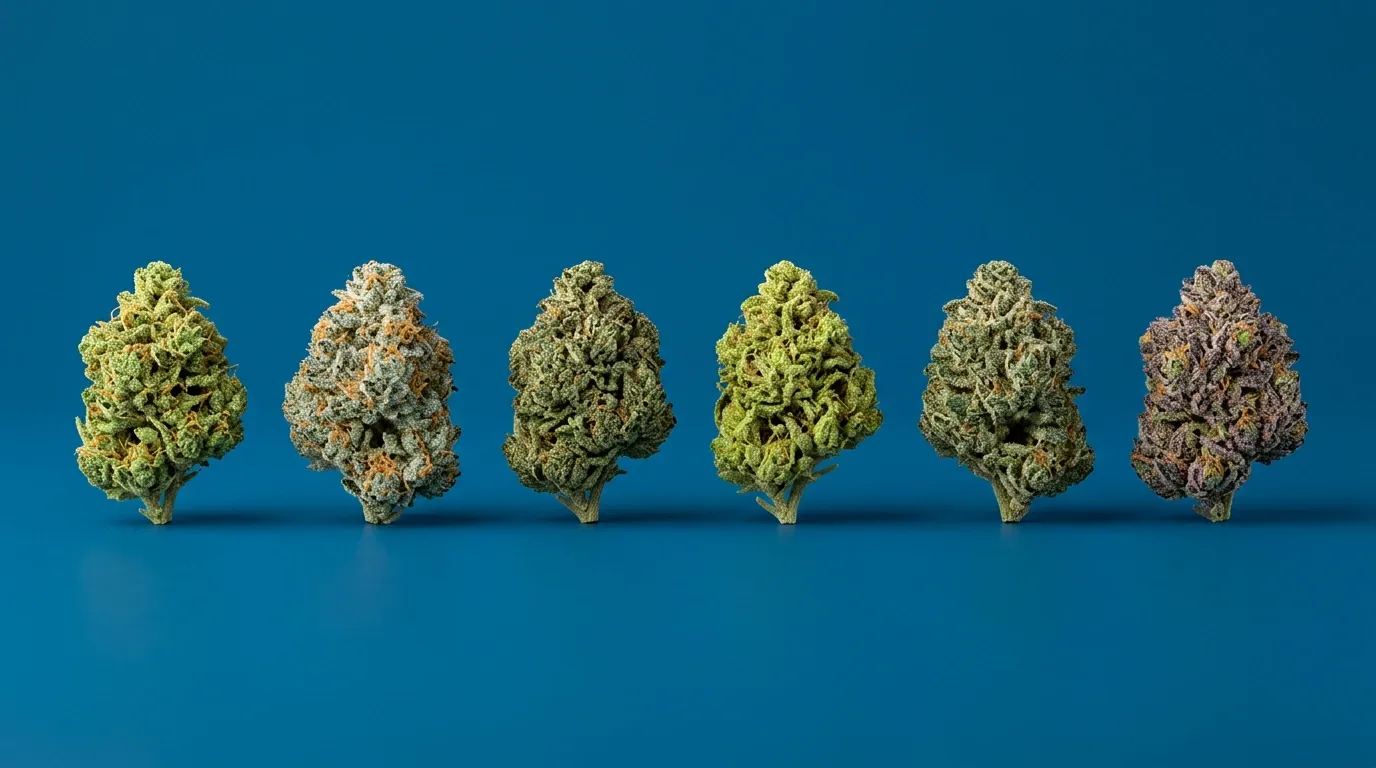 Sechs Cannabisblüten verschiedener Sorten in einer Reihe
