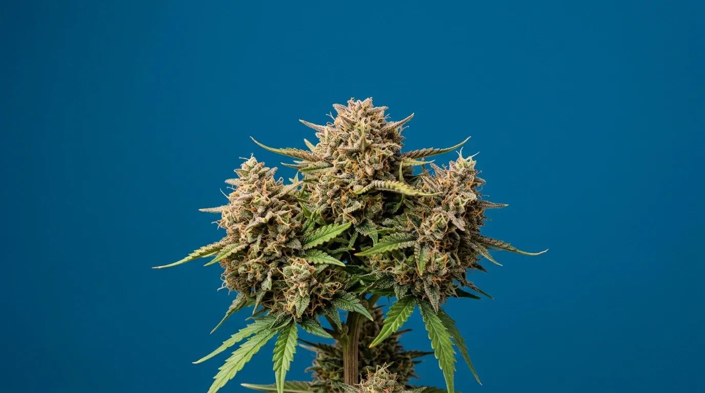 Dichte Cannabisblüten an der lebenden Pflanze im Detail