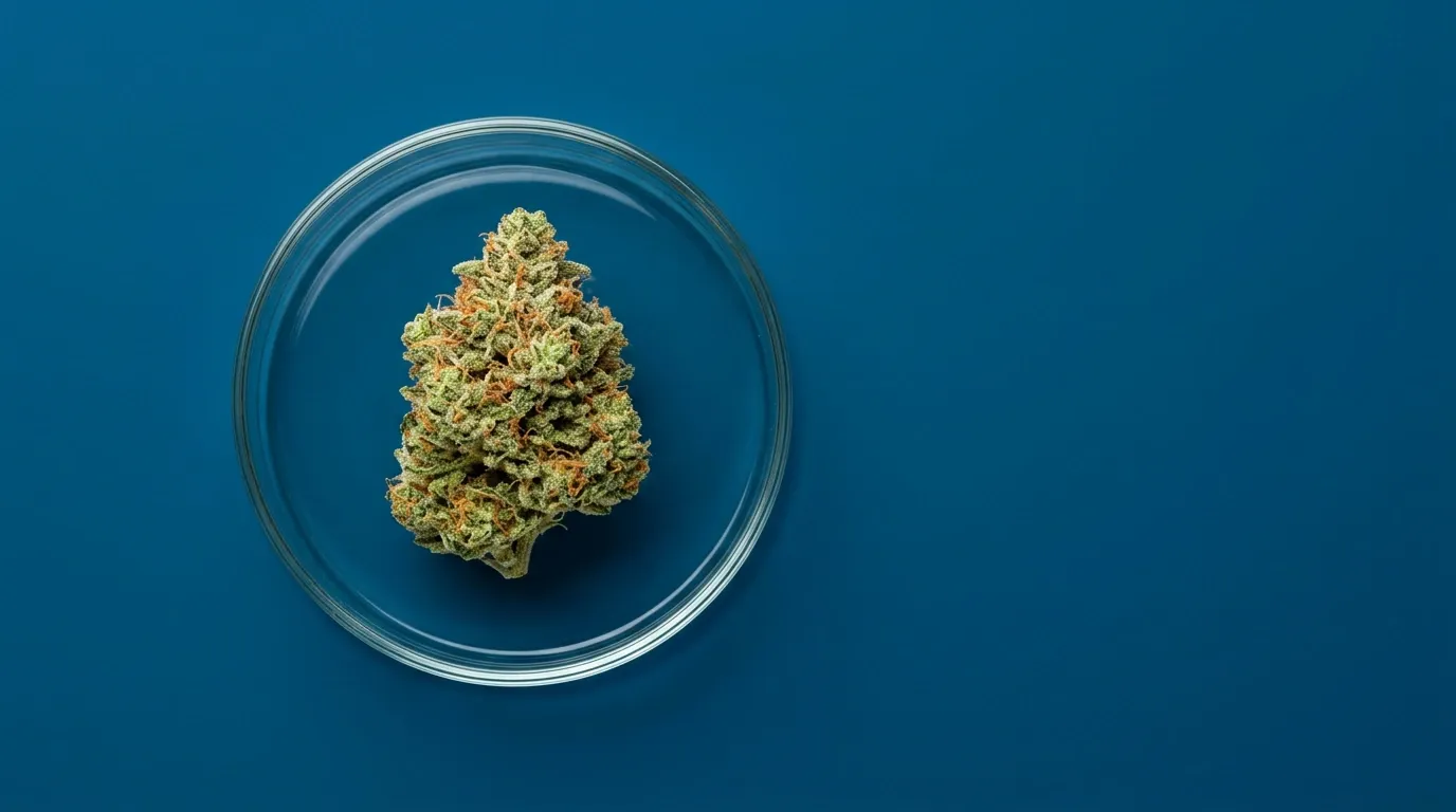 Cannabisblüte in einer Petrischale aus Glas, von oben