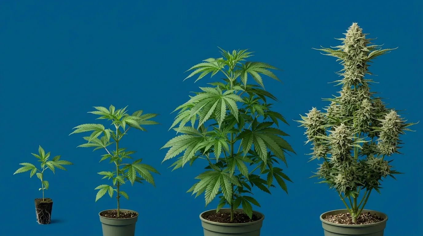 Cannabispflanzen in vier Wachstumsstadien nebeneinander