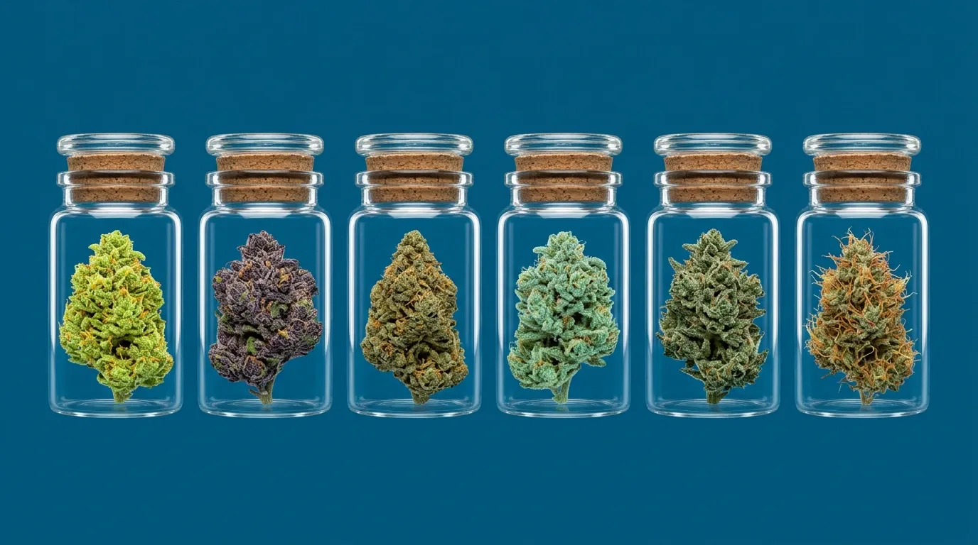 Sechs transparente Probenbehälter mit je einer Cannabisblüte